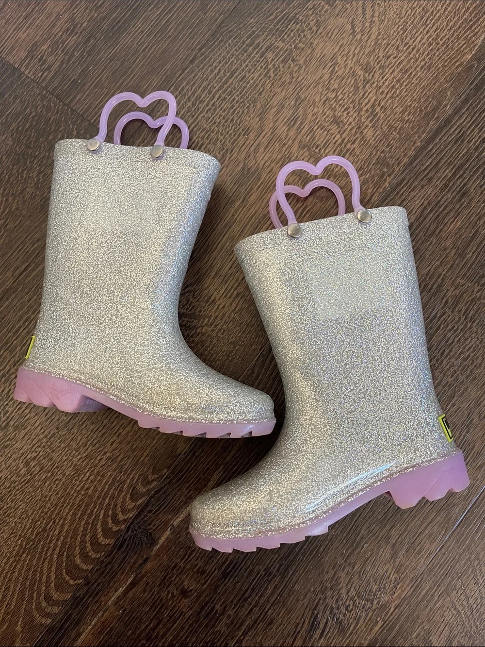 Western Chief Silver Glitter Kids Rain Boots with Pink Pull Tabs size 9 toddler